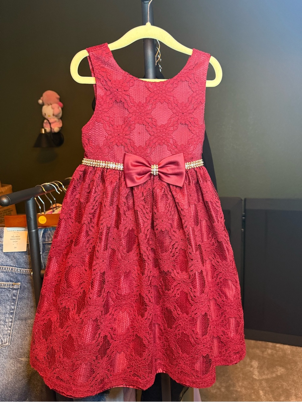 American Princess Burgundy Lace Dress with Satin Bow and Rhinestone Waist